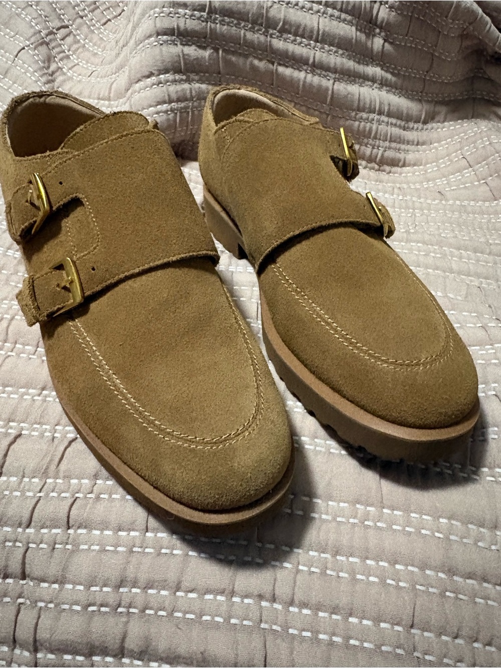 Cole Haan Woman’s Double Monk Suede Shoes in Olive Tan with Gold Buckles